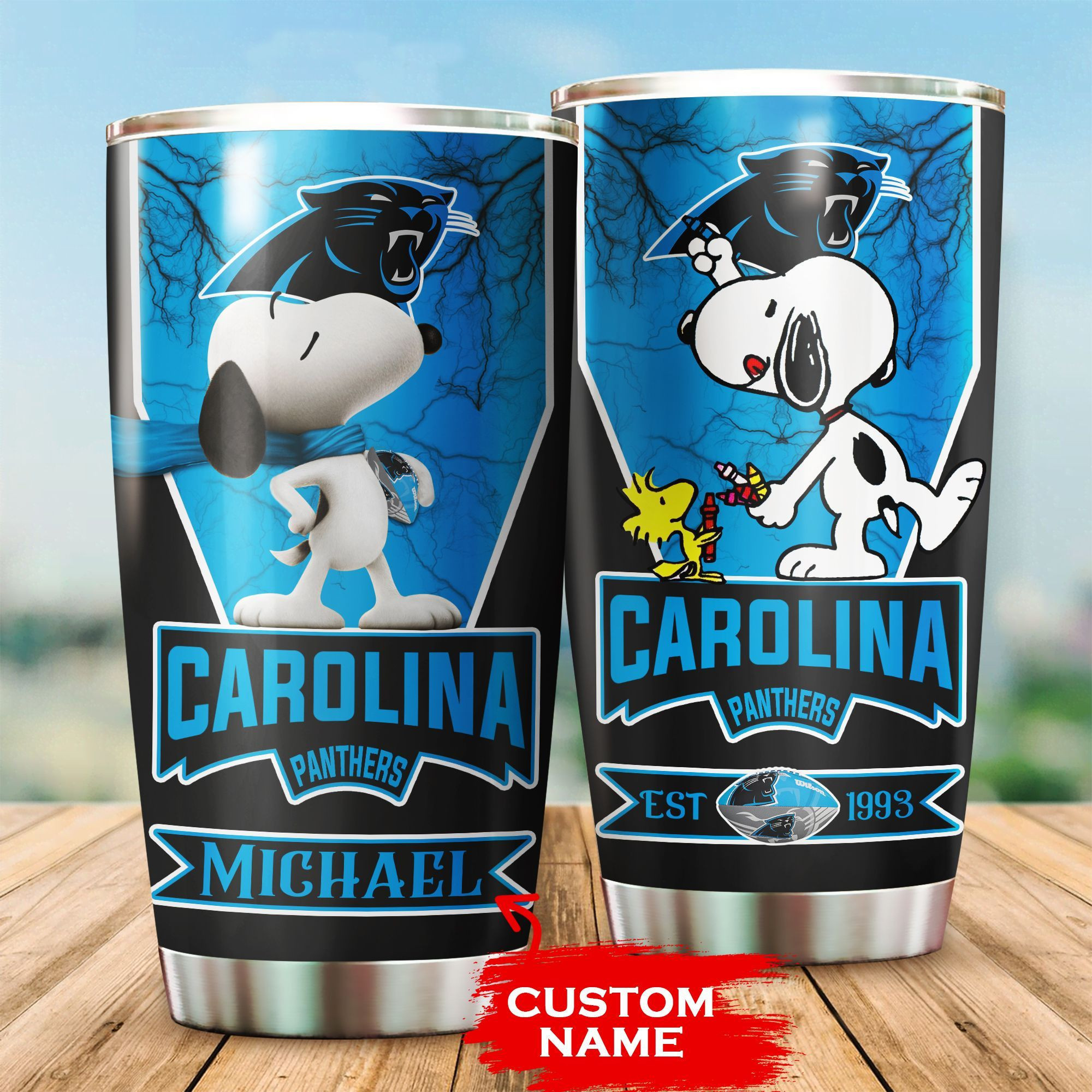 Personalized Carolina Panthers Snoopy All Over Print 3D Tumbler