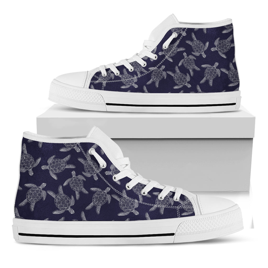 White And Blue Turtle Pattern Print White High Top Shoes