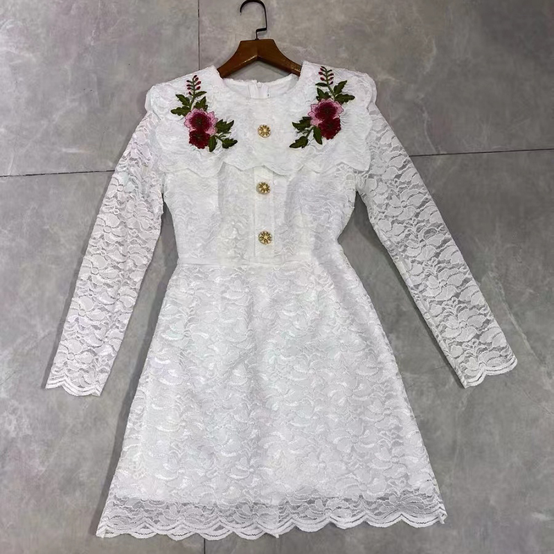 2022 Autumn New Sweet Vietnamese Niche Women Temperament Heavy Industry Lace Embroidery O-Neck Long-Sleeved Pearl Buttons Dress alx