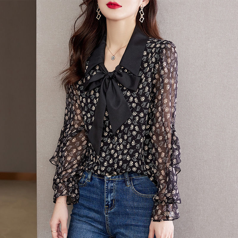 2022 Spring New Fashion Floral Black Chiffon Shirt Female Thin Mesh Long-sleeved Ruffled Women’s Blouse Top Casual alx