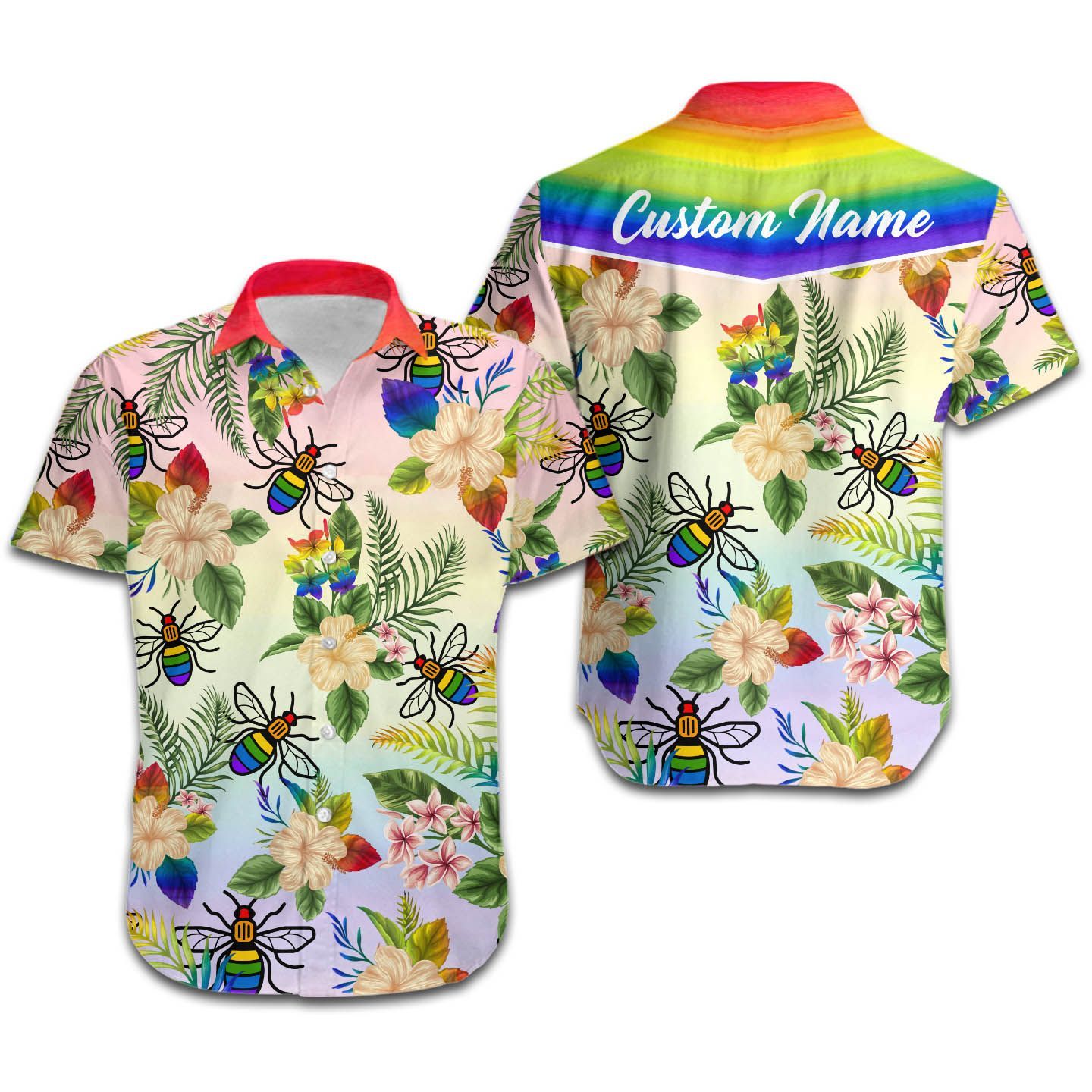 Rainbow Bee Hibiscus Flower Custom Name Women Hawaii Shirt For Lgbt Community Ha12660