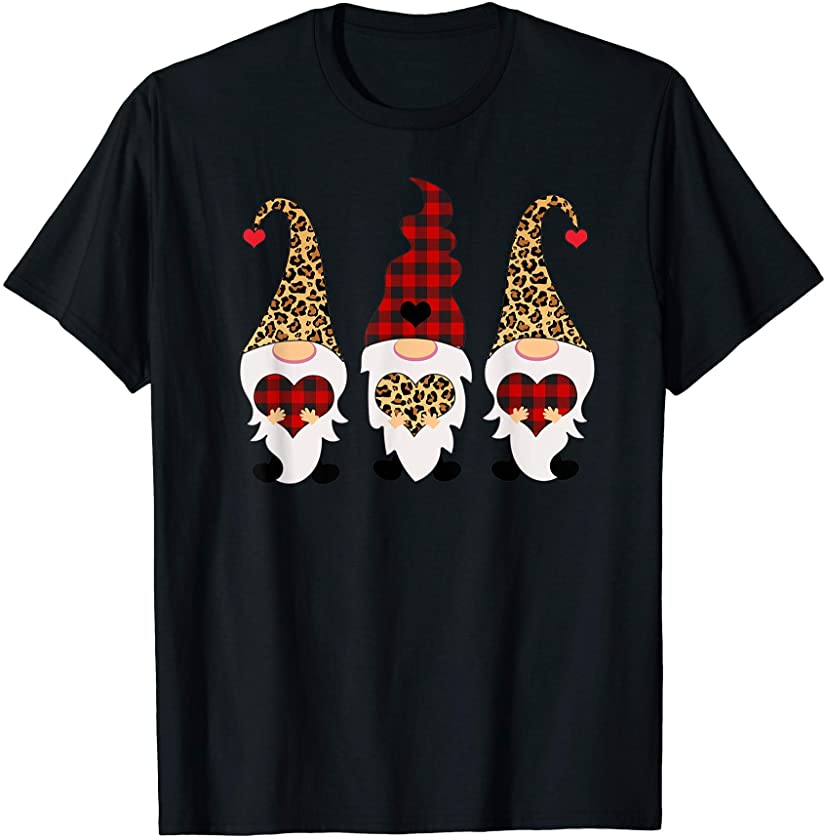 Valentines Day Gnomes Leopard Cheetah Print Red Plaid T-Shirt