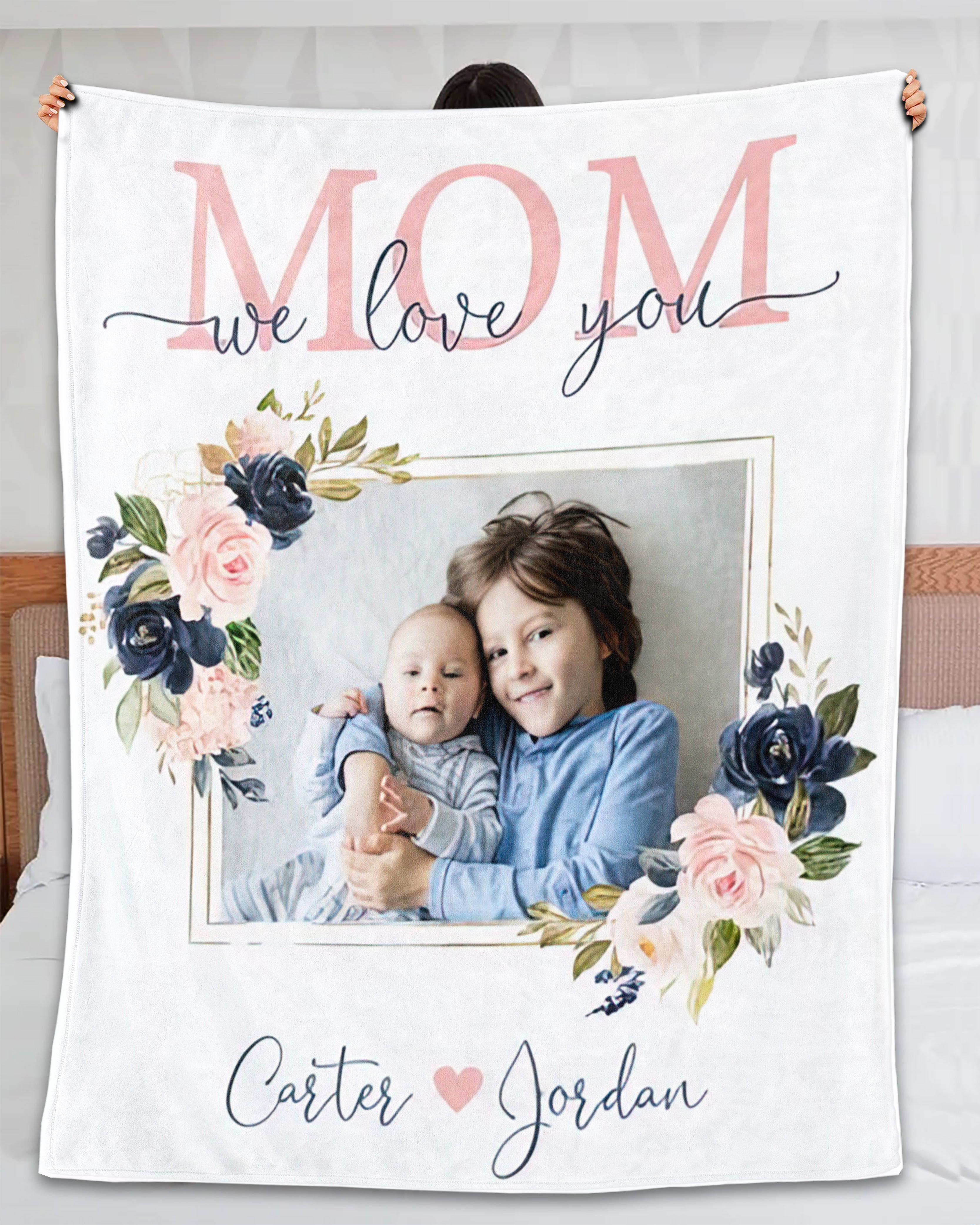 Personalized Blanket For Mom We Love You Flower Frame Custom Photo & Kids Name Monogram Design