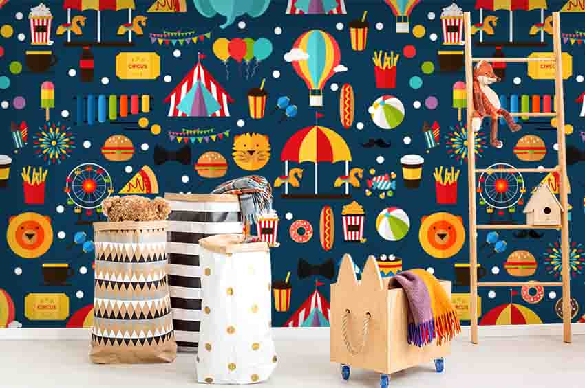 3D Colourful Cartoon Toy Pattern  Balloon Hamburger Lion Wall Mural Wallpaper Zy D107