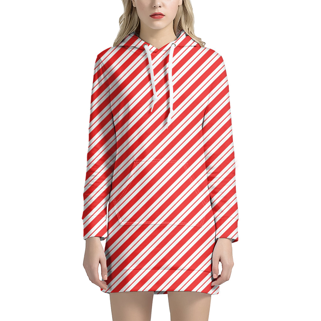 Red And White Candy Cane Stripes Print Women’S Pullover Hoodie Dress