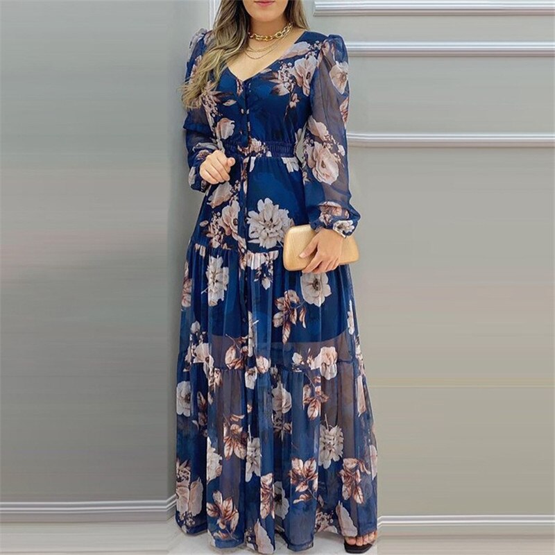 Women Flower Print A-Line Dress Patchwork Design Lace Button Decor See Through V-Neck Long Sleeve Elastic Waist Slim Long Dress alx