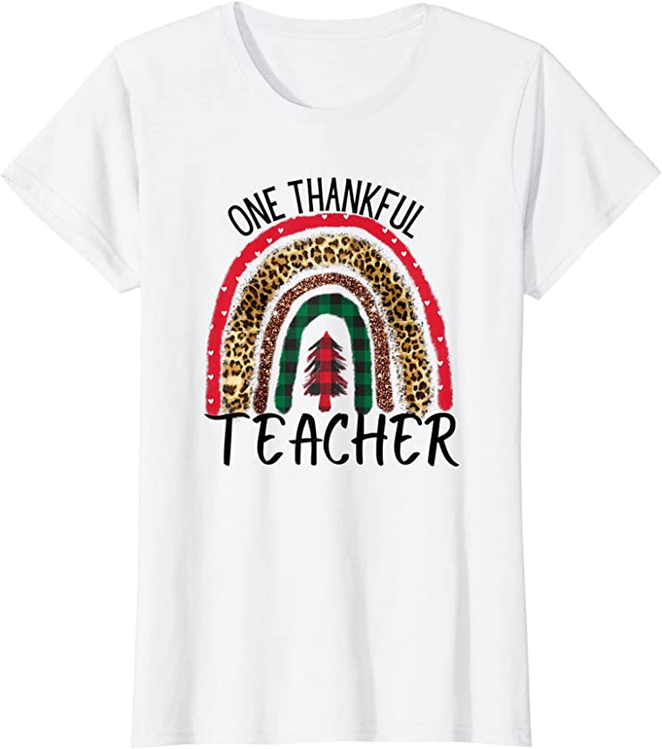 Womens One Thankful Teacher Thanksgiving Rainbow Leopard Fall T-Shirt