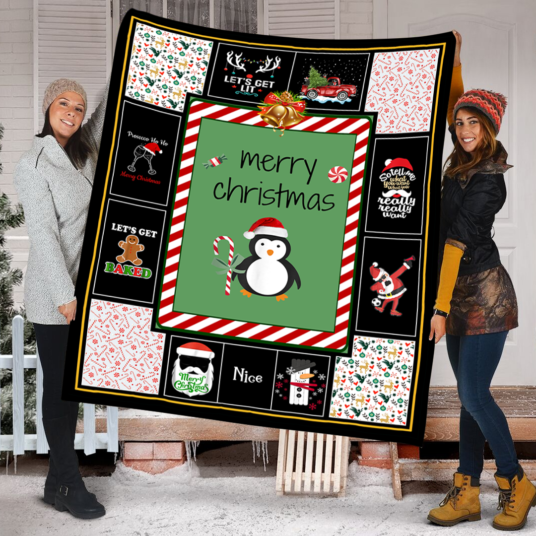 Merry Christmas With A Penguin Holding A Candy Cane Fleece Blanket Small Medium Large X-Large