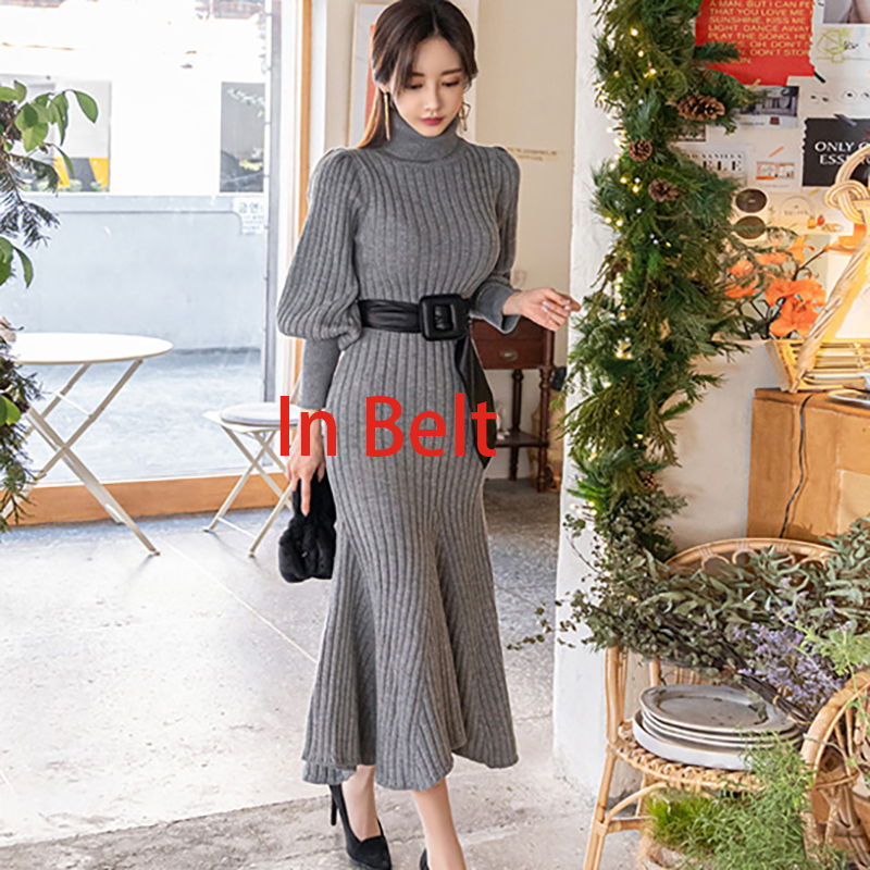 Autumn and Winter 2020 New Korean Style High collar Slim Long Sleeve Frenulum Jersey Dress Women’s Fashion alx