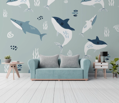 3D Hand Drawn Animal Dolphin Wall Mural Wallpaper Lqh 608