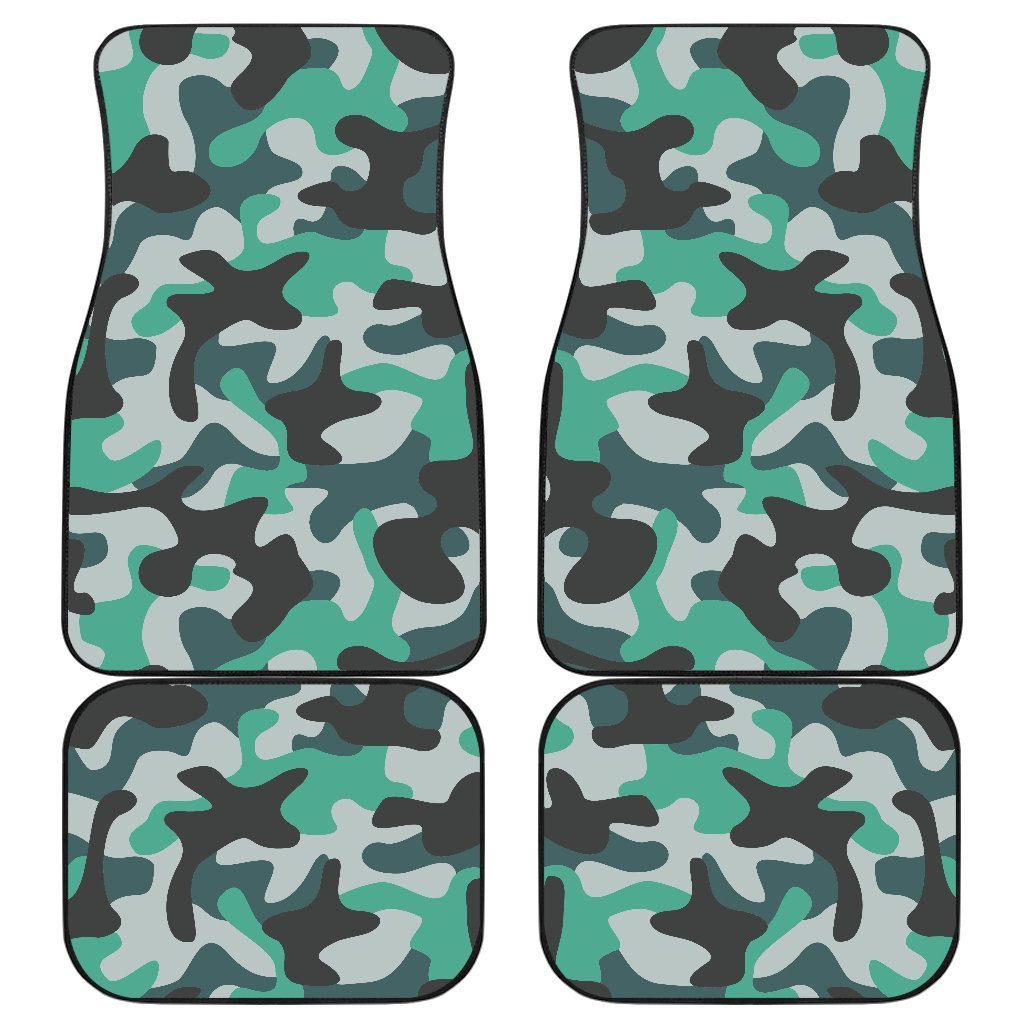 Teal And Black Camouflage Print Front And Back Car Floor Mats, Front Car Mat