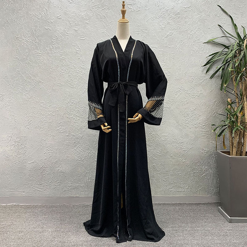 2022 New Muslim Abayas Dubai Kaftan Abaya Hijab Set Shiny Stones Beading Lace Dress Boubou Turkish Woman Clothes Cardigan alx