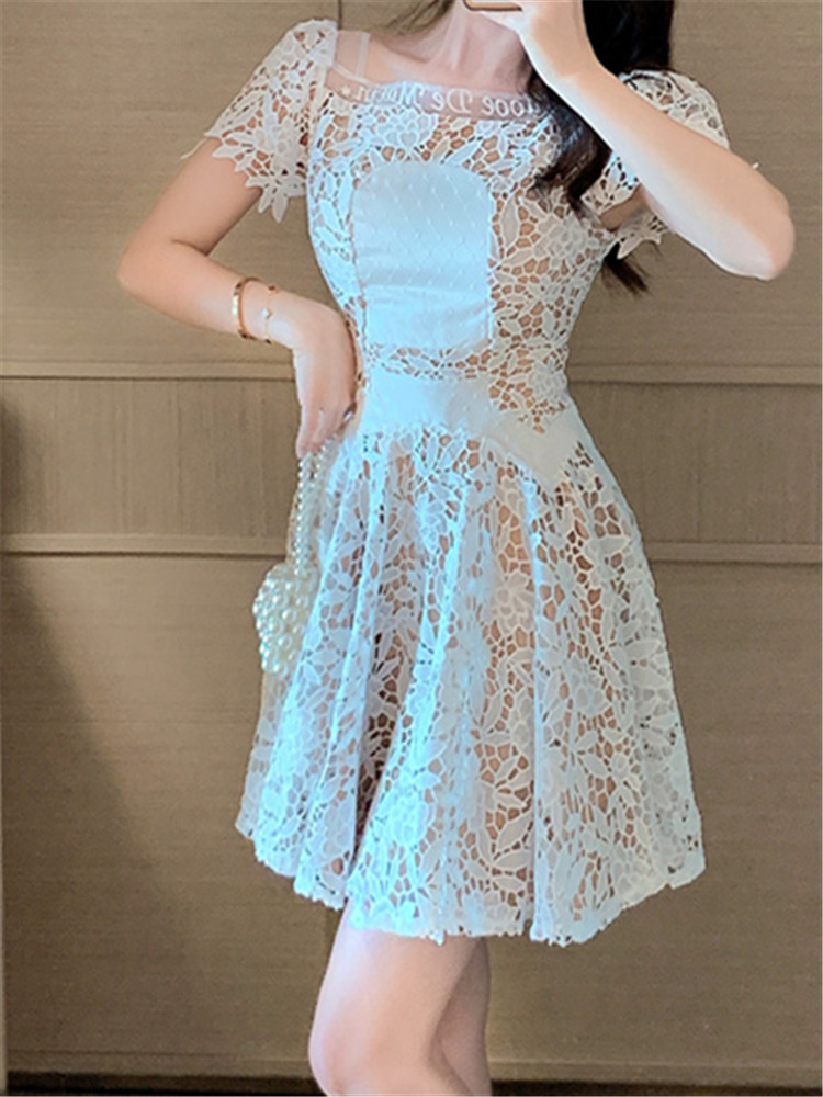 A-Line Sexy Lace Vintage Summer Dresses for Women Boho Elegant Party Floral Short Sleeve Print Embroidery Mesh 2022 Runway Chic alx