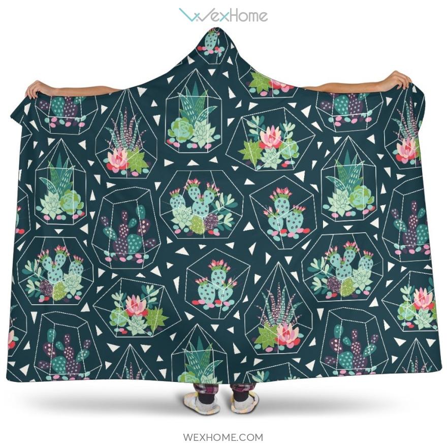 Cactus Glass Terrarium Pattern Hooded Blanket