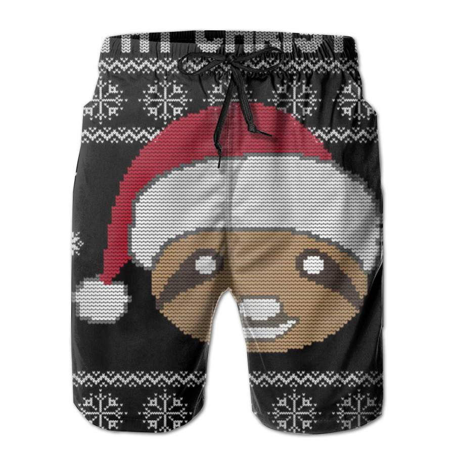 2 Pack Slothy Christmas Ugly Sweater Poster Men Swim Trunks Drawstring Elastic Waist Quick Dry Beach Shorts with Mesh Lining Swimwear Bathing Suits