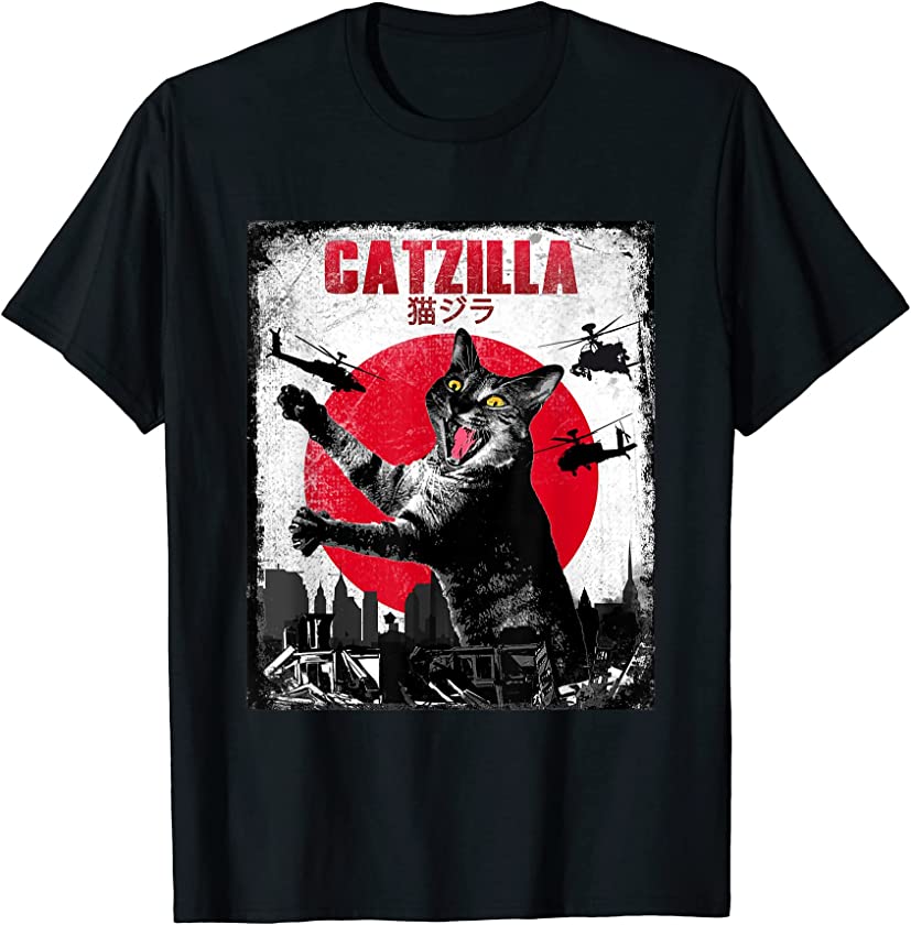 Catzilla Vintage Japanese Sunset Funny Kitten and Cat T-Shirt