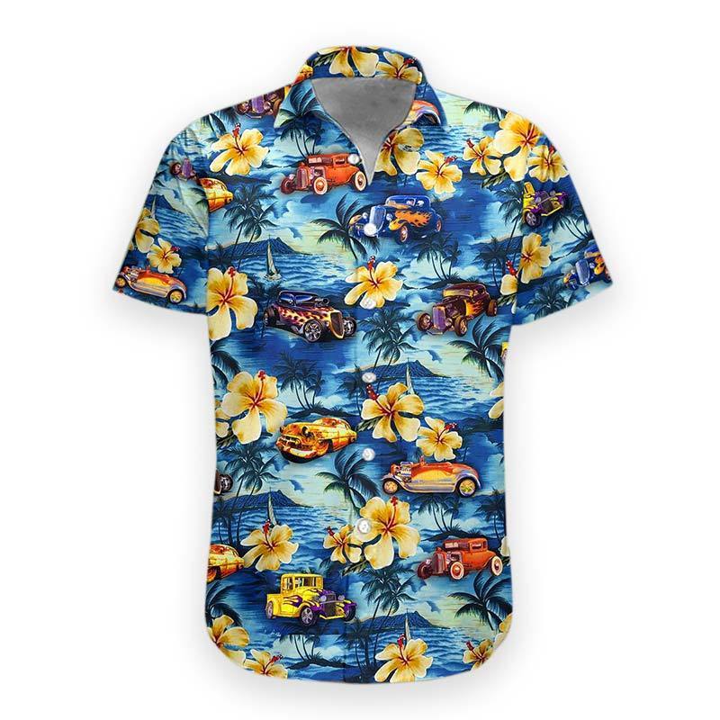 Unifinz Hot Rod Hawaii Shirt Hibiscus Tropical Blue Aloha 2022 Ha143