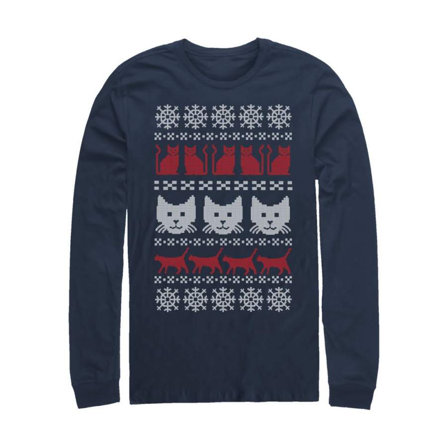 Lost Gods Men’s Ugly Christmas Cat  Long Sleeve Shirt Navy Blue