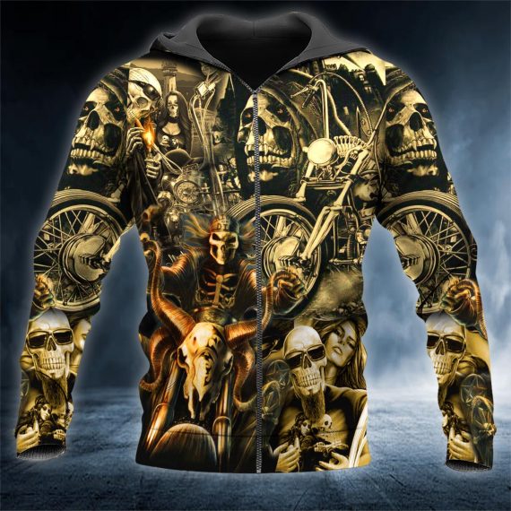 Couple Motorcycle Skull 3D All Over Printed Unisex Zip Up Hoodie Us Size