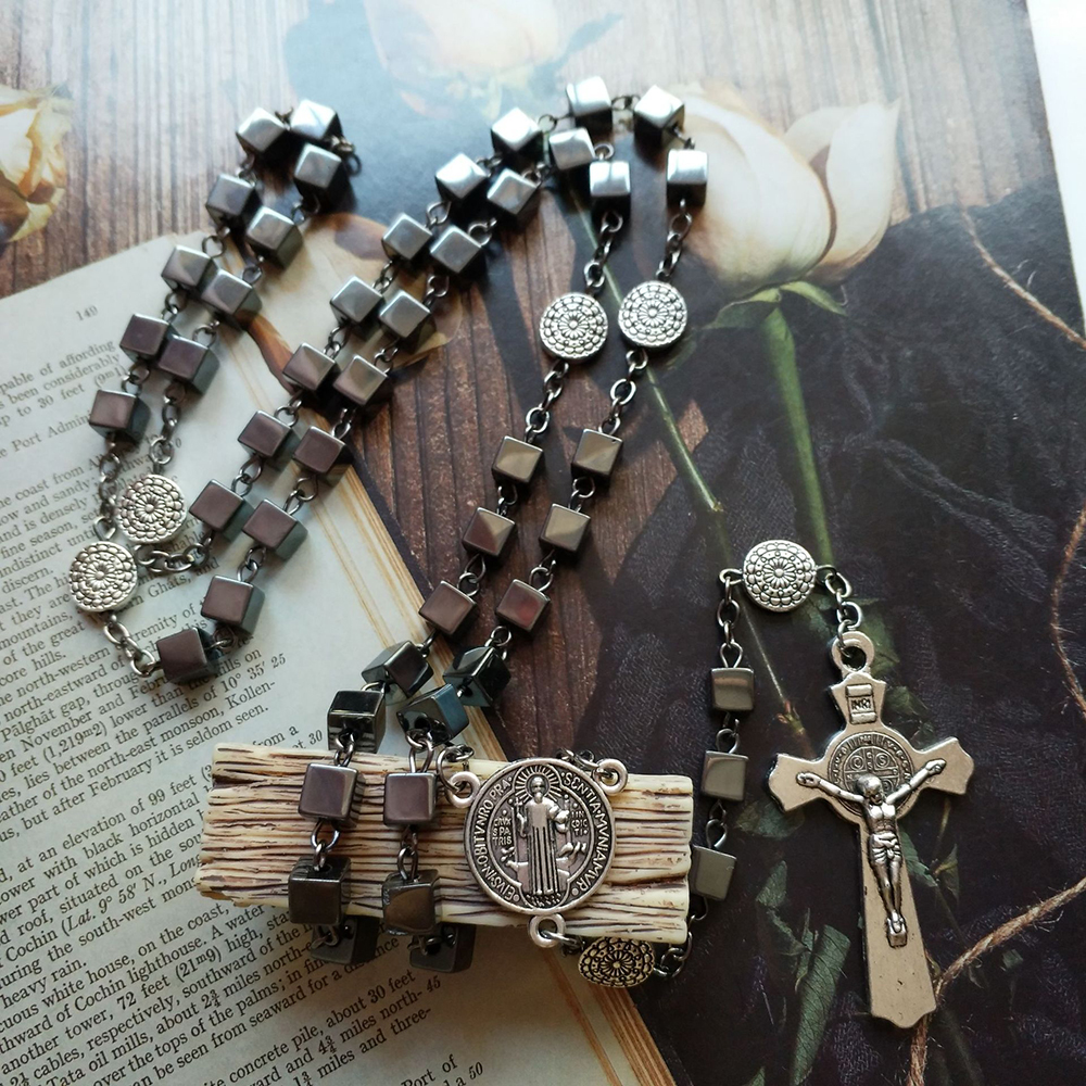 Cottvott St Benedict Medal Catholic Crucifix Cross Rosary Necklace Masculine Square Hematite Cube Beads Chain Unique Jewelry alx