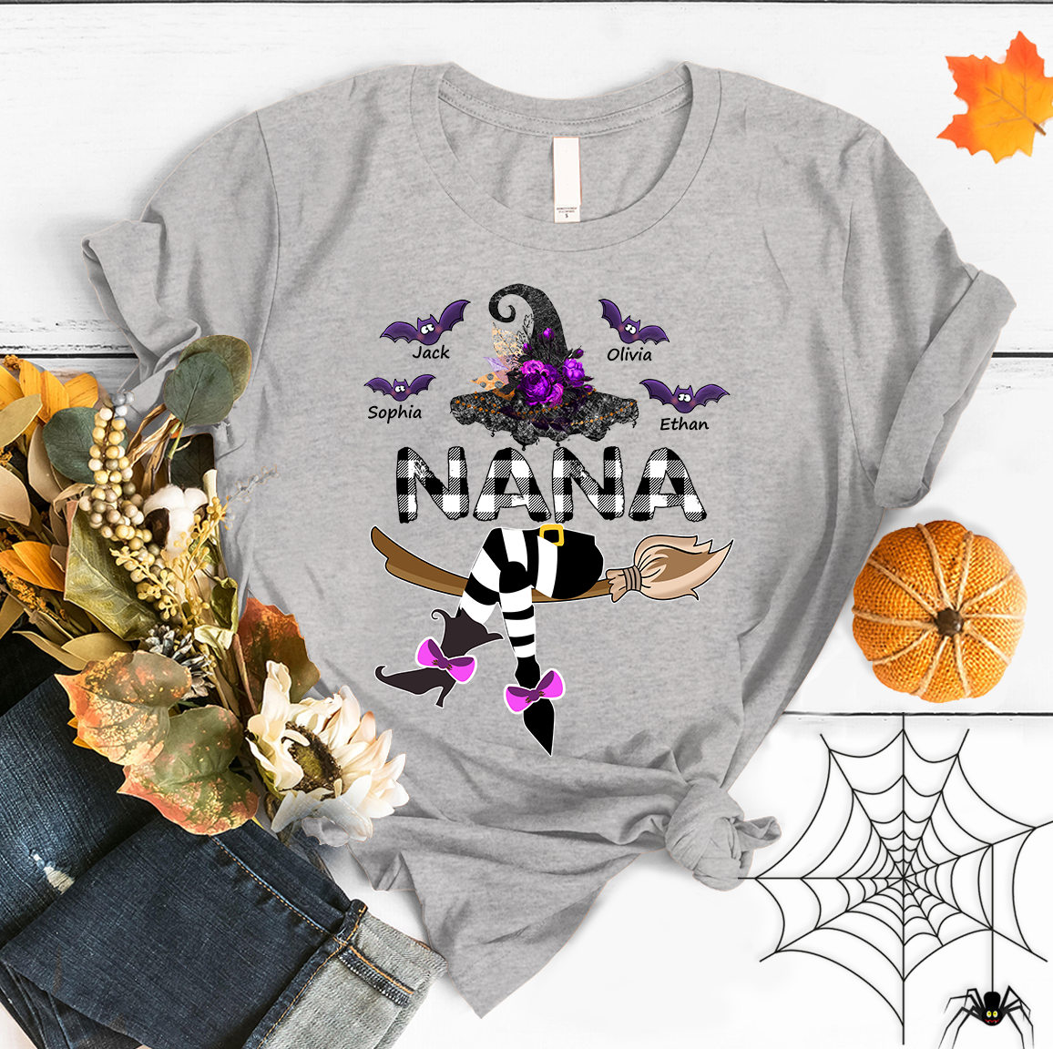 Personalized Nana With Grandkids Witch Halloween 2021 Family T-Shirt