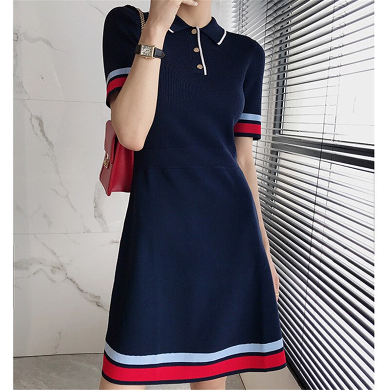 2022 Women Knit Dress Summer Short Sleeve Striped Patchwork Hit Color Polo Dress Elegant Fashion A-Line Mini Work Party Vestidos alx