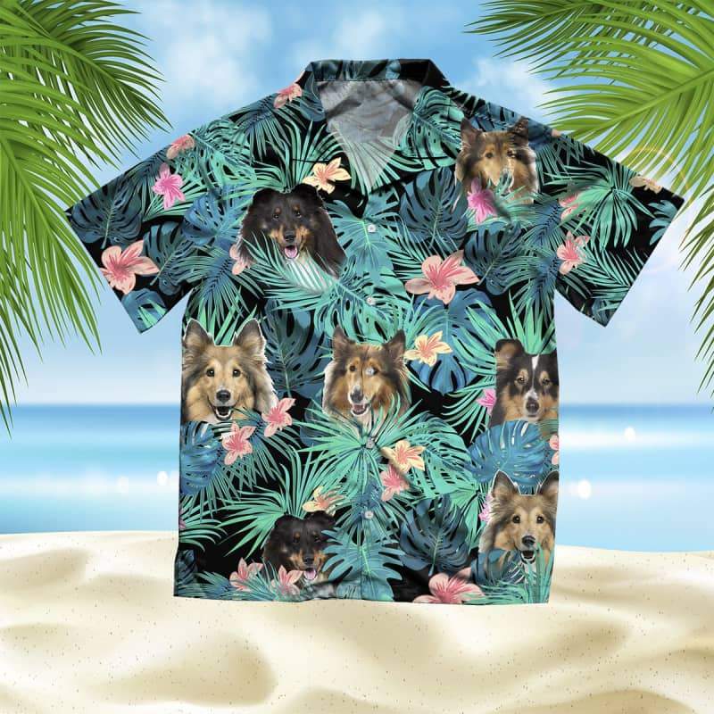 Shetland Sheepdog Hawaiian Shirt, Dog Summer Leaves Hawaiian Shirt, Unisex Print Aloha Short Sleeve Casual Shirt