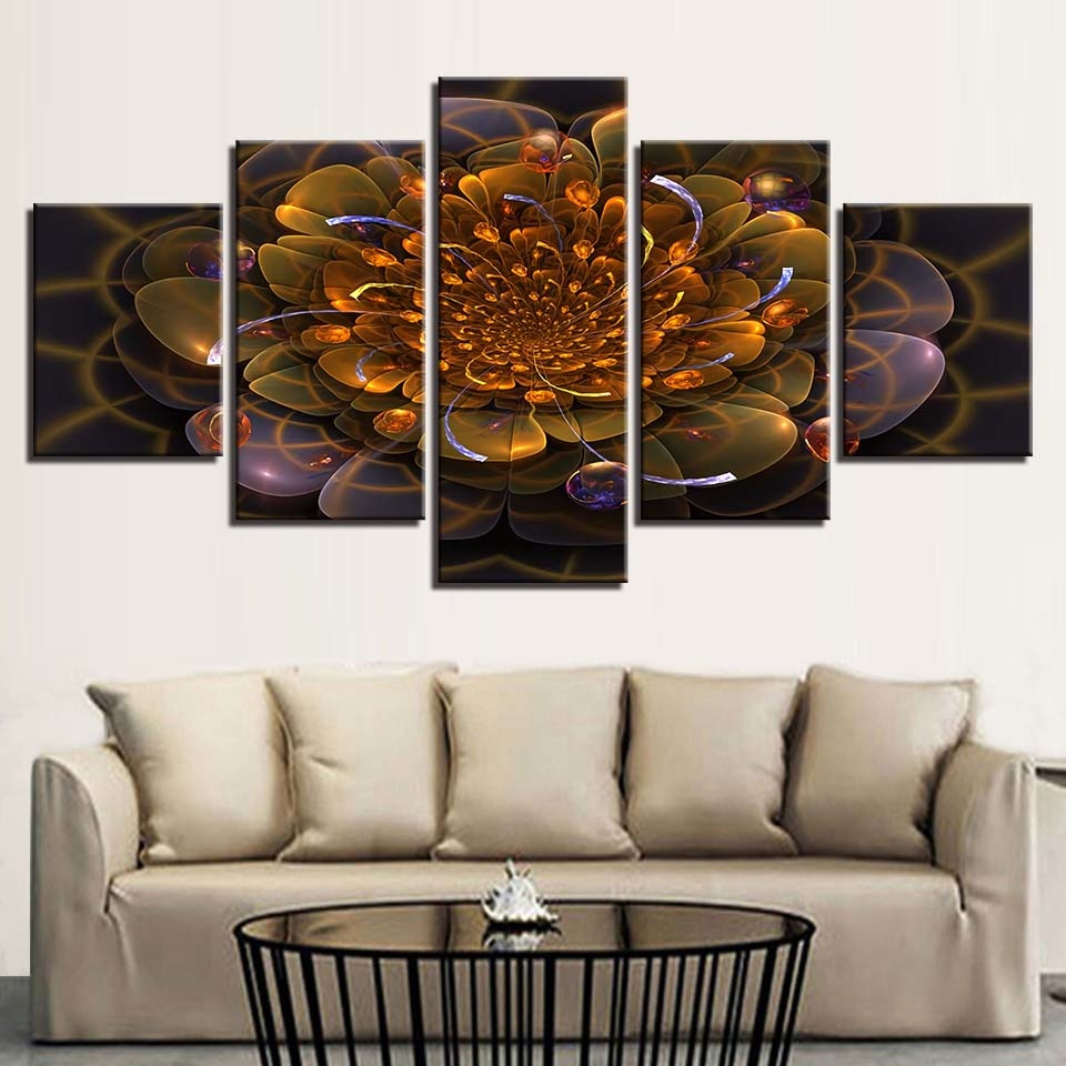 Golden Flower Abstract 5 Piece Hd Multi Panel Canvas Wall Art Frame