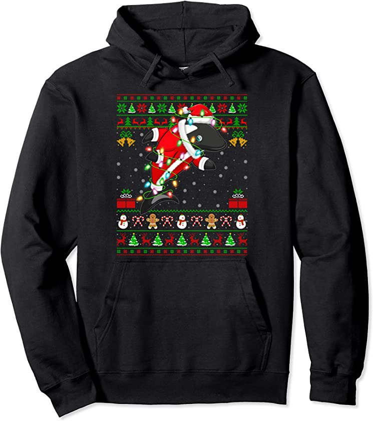 Xmas Lights Ugly Sweater Style Santa Orca Christmas Pullover Hoodie