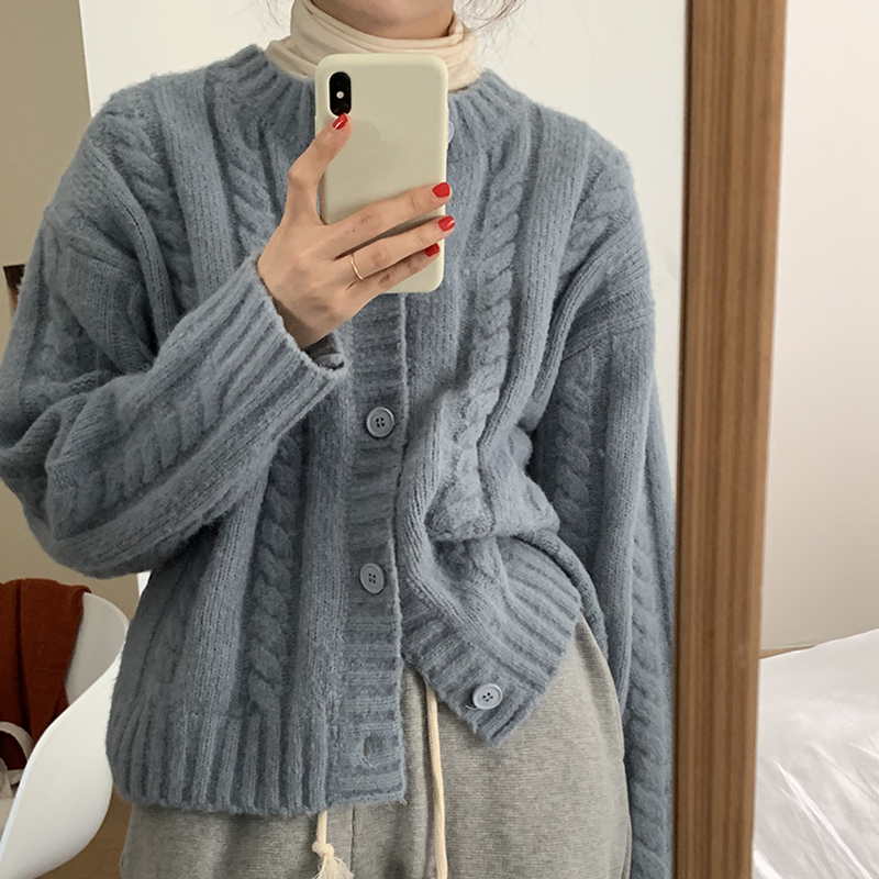 Women’s Knitting Sweater Button Round Neck Long Sleeves Casual Korean Vintage Baggy Ladies Cardigan Outerwear Tops Autumn alx