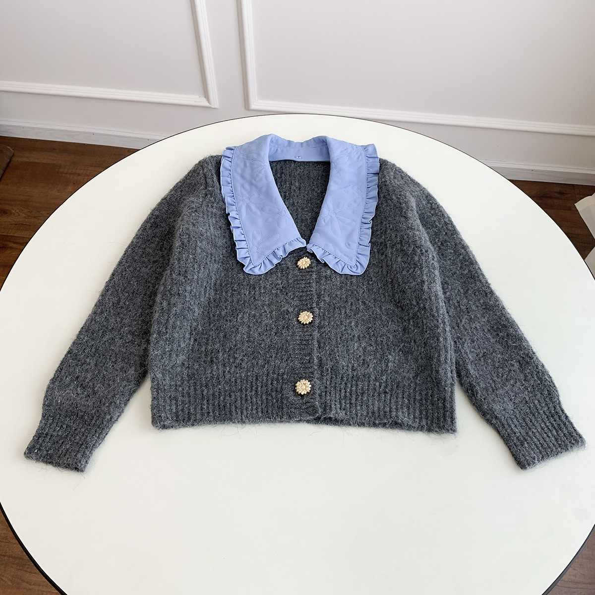 Temperament casual detachable doll collar knitted cardigan tops women’s autumn and winter French vintage mohair jumper jacket alx