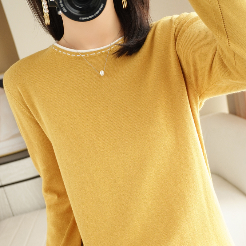 100%Cotton Pullover Ladies O-Neck Large Size Knit Shirt Thin Color Matching Top Spring New Loose Long-Sleeved Base Shirt Sweater alx