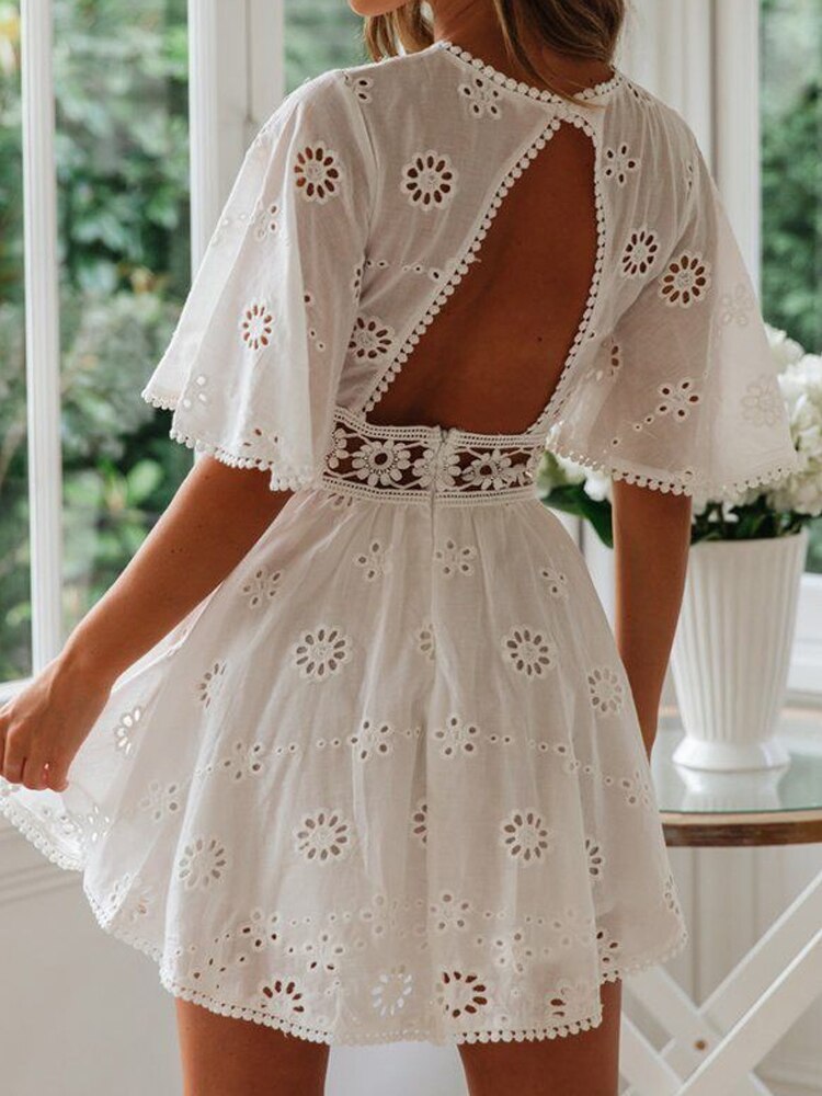 New White Summer Dress Hollow Out Casual Fashion Backless Mini Dresses Floral Embroidery Cotton Party Dress Women Robe 18504 alx
