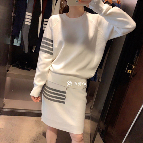 Spring Tb College Style Four-bar Waffle Knitted Top Age-reducing Hip Skirt Casual Suit Women alx