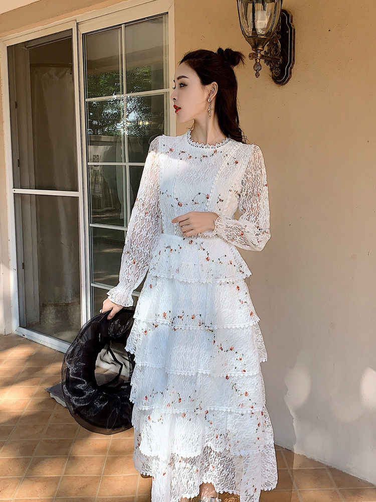 SMTHMA New Spring Pink Lace Embroidery Maxi Dress Female Long Sleeve High Waist Ruffle Elegant Runway Dresses Vestidos alx