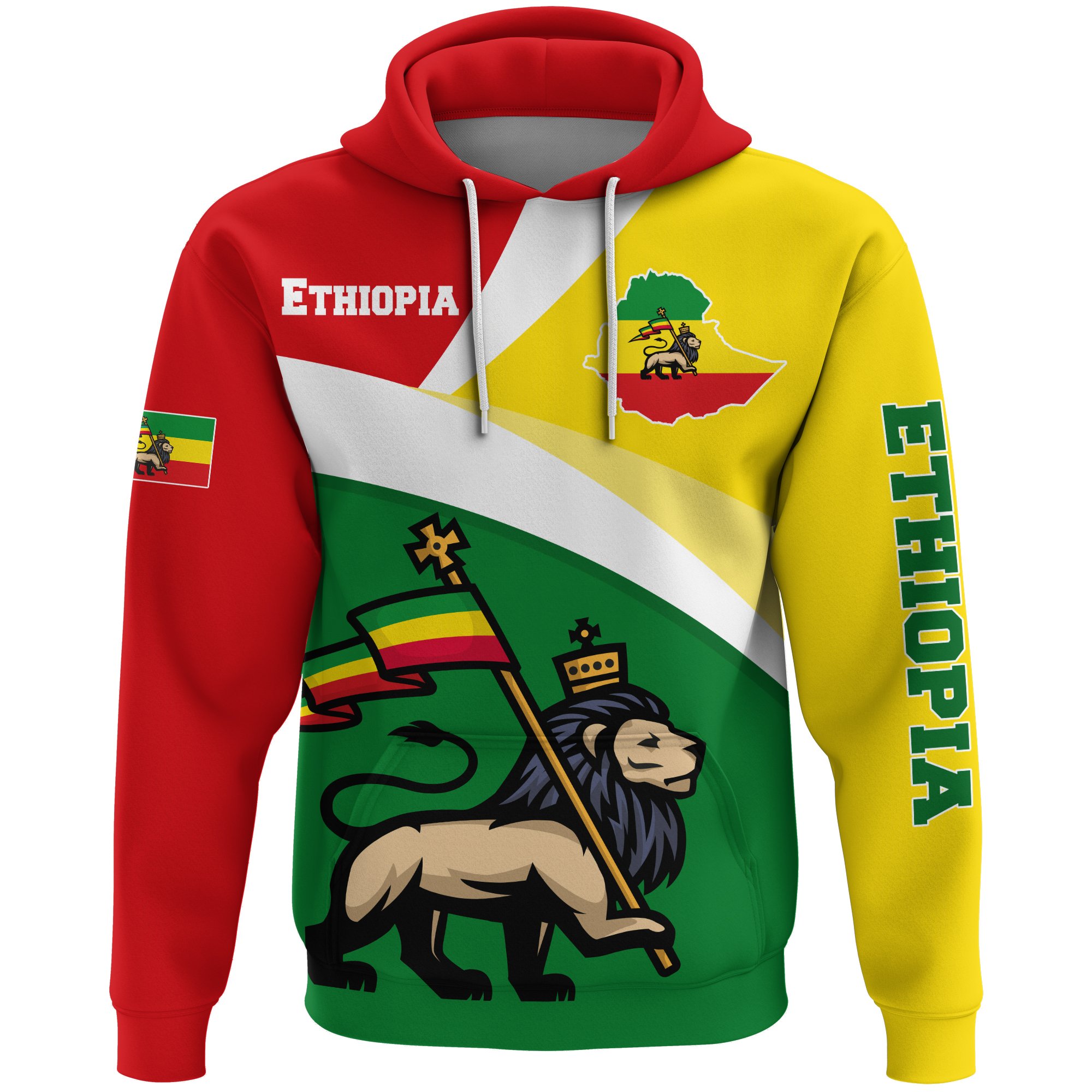 1stTheWorld Ethiopia All Over Hoodie, Ethiopia Flag Maps Green Lion A10