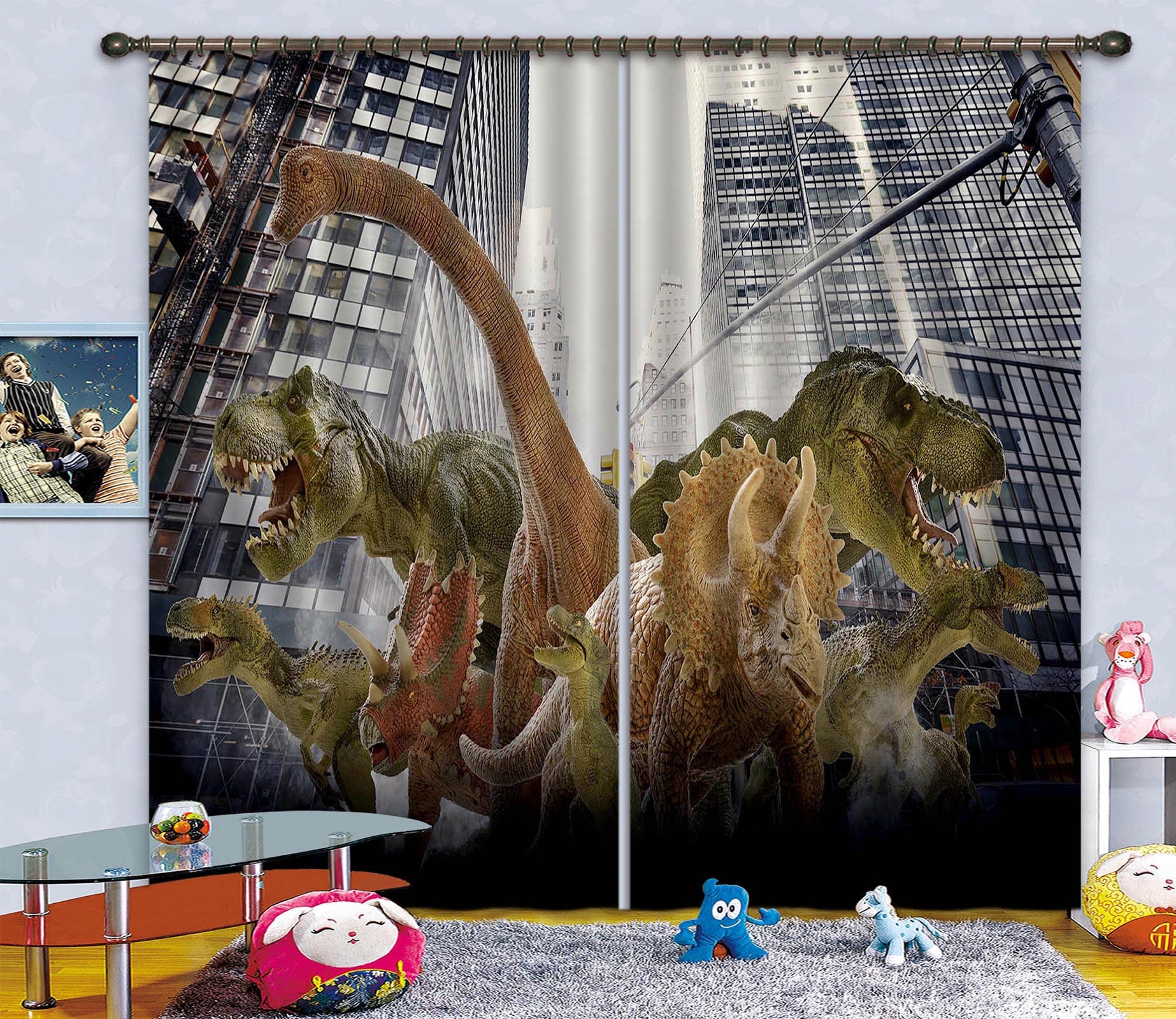 3D Dinosaur In The City C025 Blockout Photo Curtain Print Curtains Drapes Fabric Window | 3D Large Photo Curtain, Jess Art Decoration Wallpaper