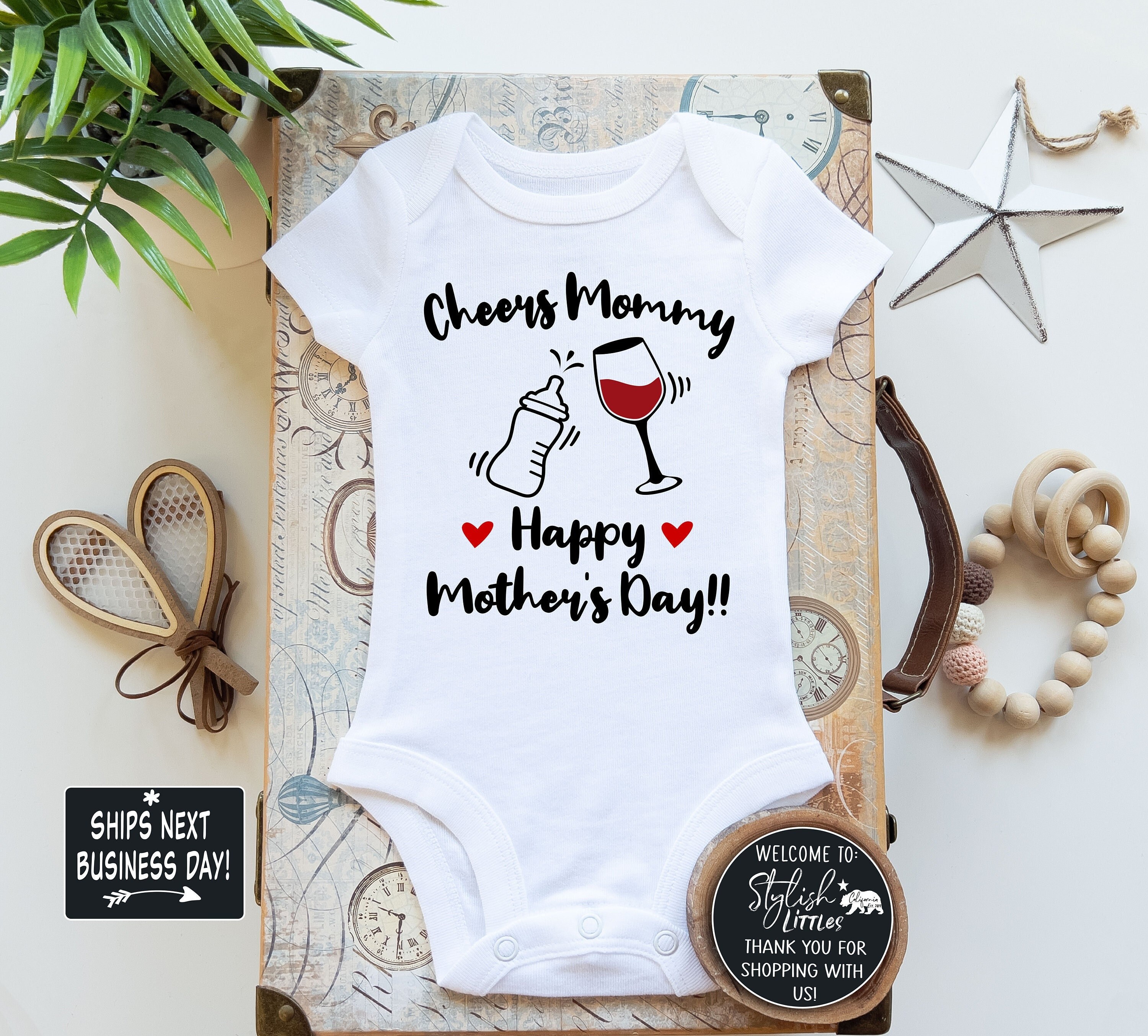 Cheers Mommy Happy Mother’s Day Baby Onesies®, Personalized Gift for New Mom, First 1st Mother’s Day Kid Shirt, BOHO Hipster Baby Kids Shirt