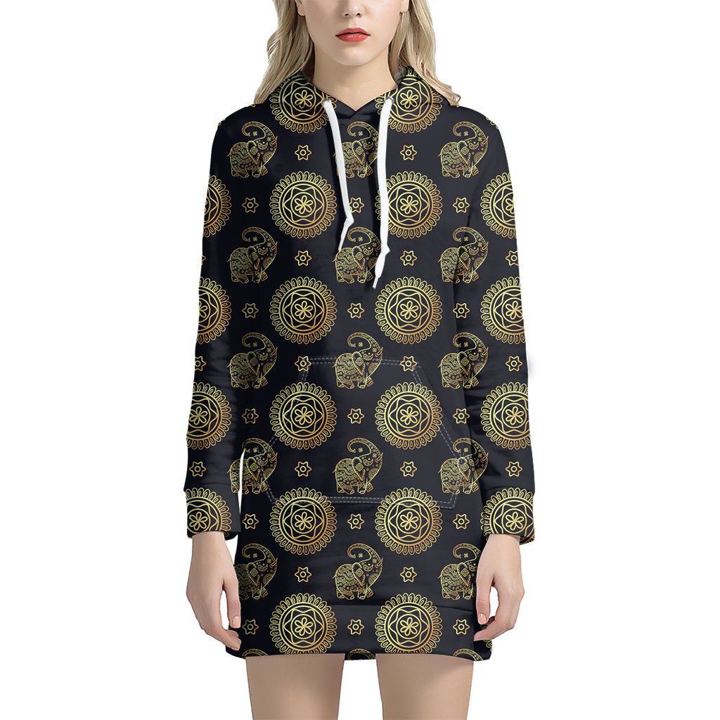 Blue And Gold Tribal Elephant Print Women’S Pullover Hoodie Dress