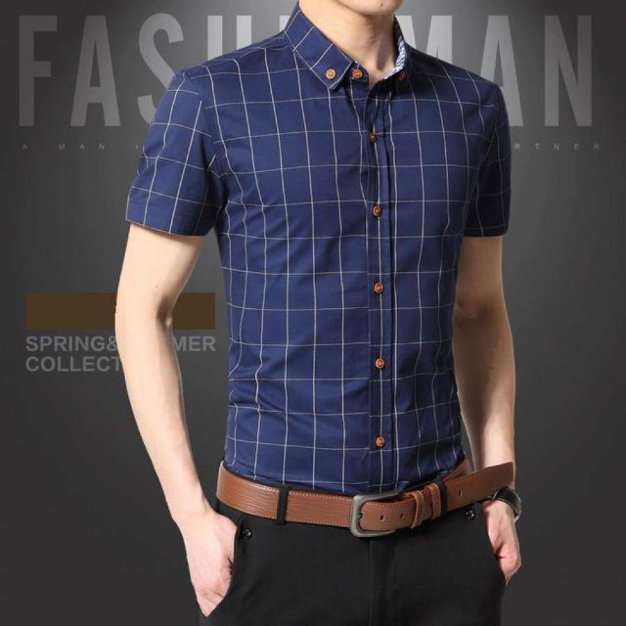 Men Short Sleeve Shirt Summer New Plaid Slim Fit Shirt Cotton Casual Shirt Men Clothes