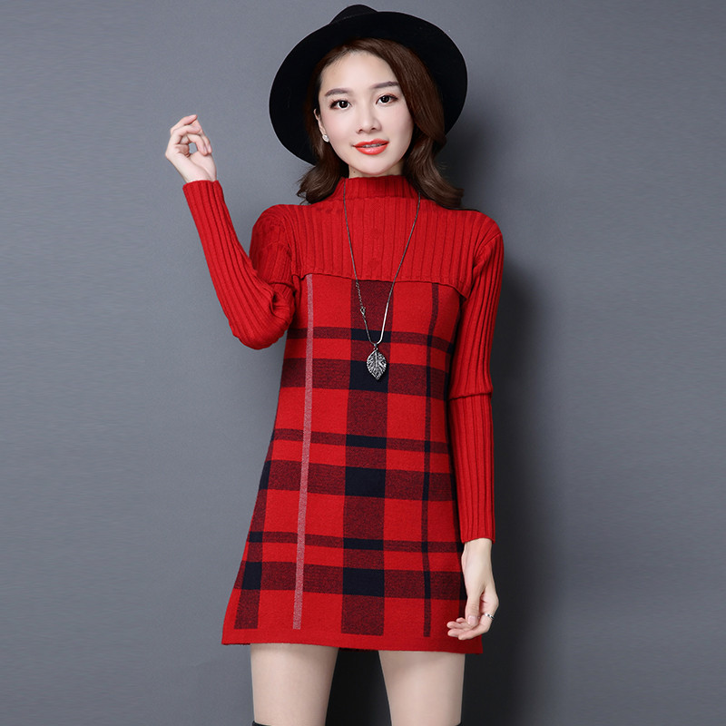 2022 New Women Autumn Winter Dress Turtleneck Long Sleeve Plaid Knitted Sweater Dress Female Loose Sweaters Pullovers Dress 315 alx