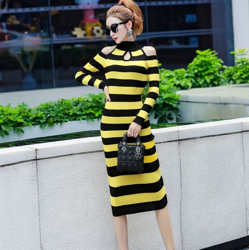 2020 autumn winter Sexy Dress Women Bodycon long Sleeve Striped Off Shoulder Knitted Dress Vestidos alx