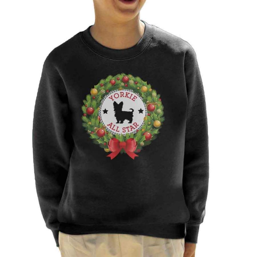 Yorkshire Terrier All Star Christmas Wreath Kid’s Sweatshirt