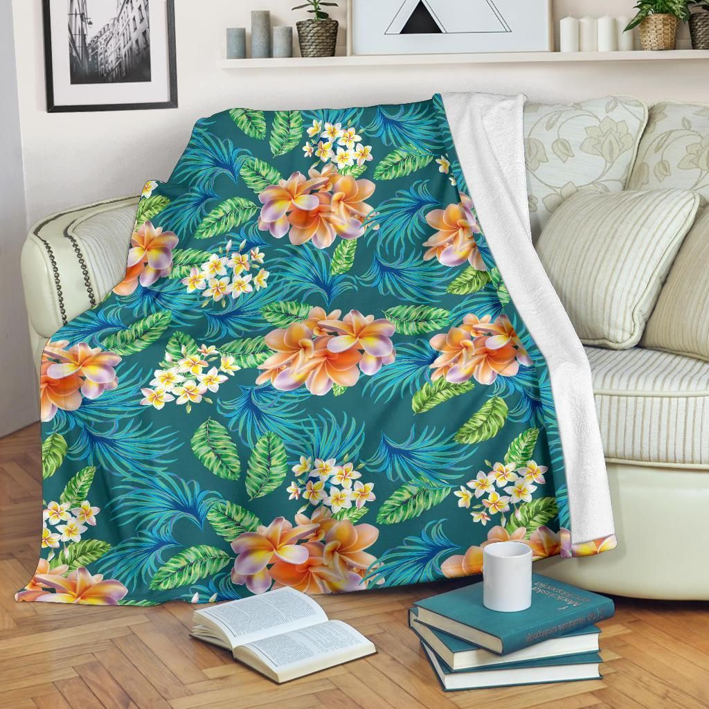 Plumeria Tropical Flower Design Print Blue Fleece Blanket - Gearnoble