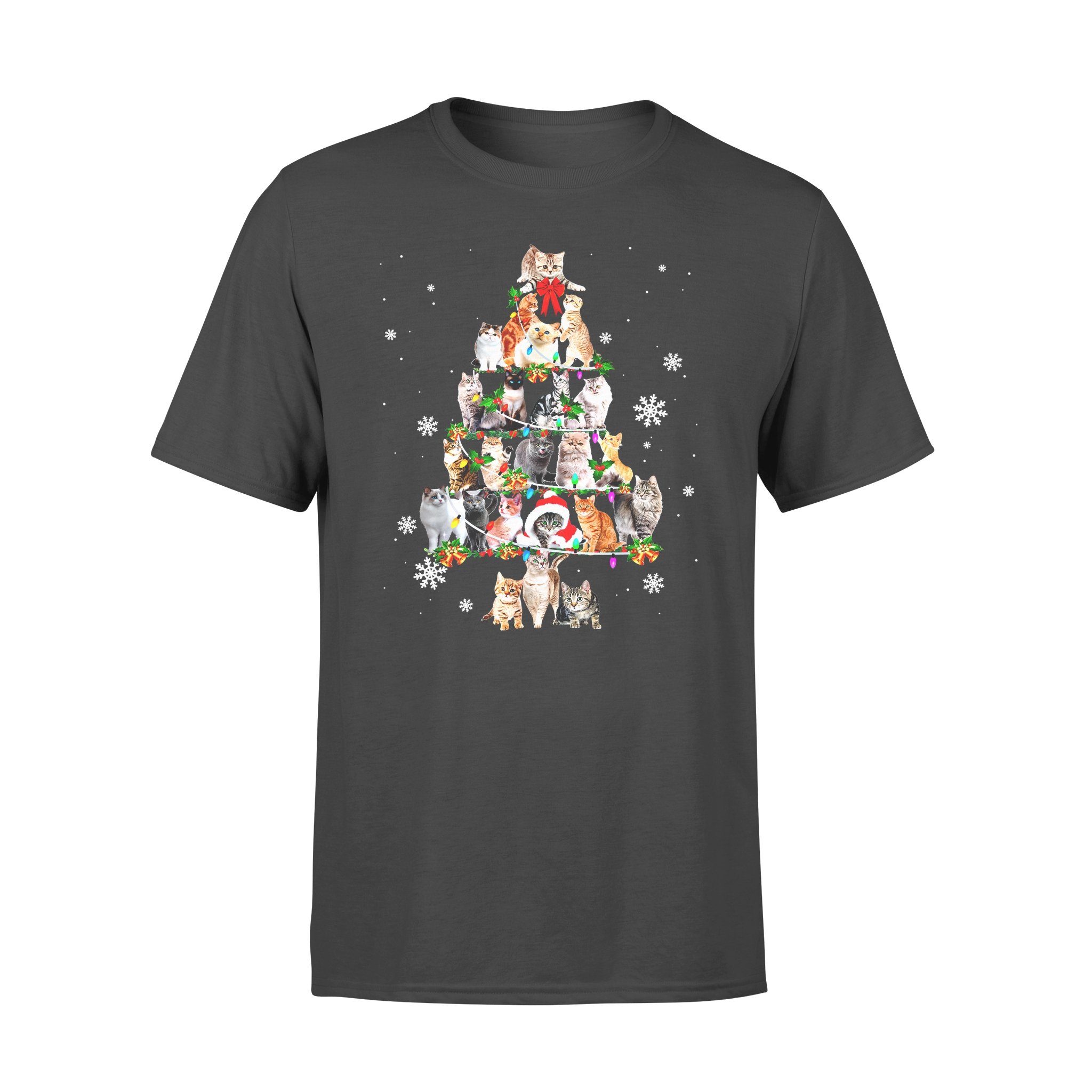 Cat gift idea Meowy Xmas Cats Xmas Tree Lights Snow Kitten Funny T-Shirt – Standard T-shirt