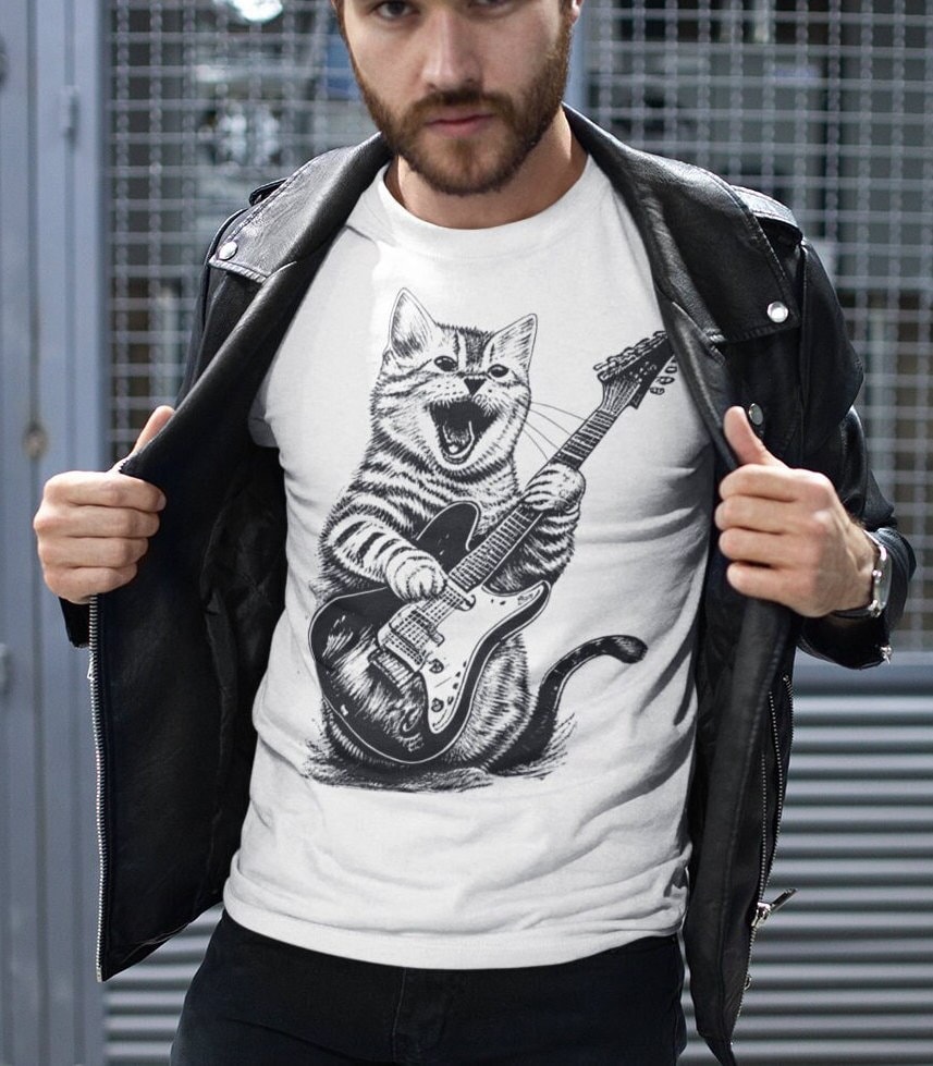 Cat Playing Guitar T-Shirt, Music-Inspired Graphic Tee, Trendy Mens Graphic T-Shirts, Music tee, Guitarist gift