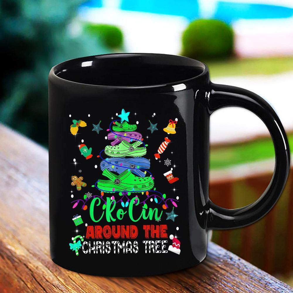 Christmas Crocin Around The Christmas Tree Colorful Light Santa Hat Blue Candy Cane Black Mug