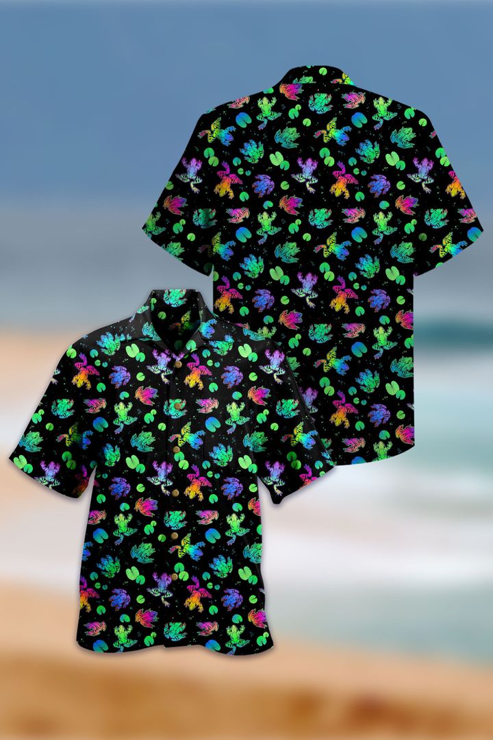 Tropical Pattern Colorful Neon Frogs Black Hawaii Shirt Ha92470