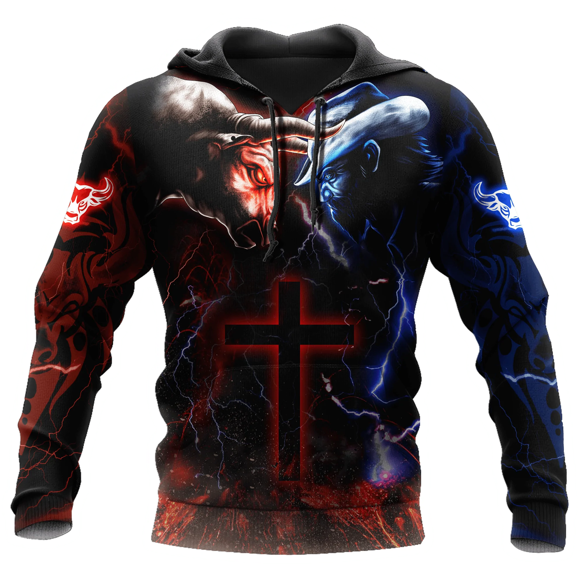 Bull Riding Red Blue Fight Cross 3D Full Print Hoodie