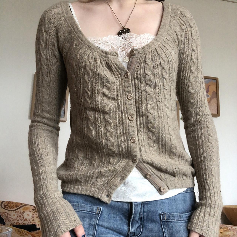 Chic Women Cute Twist Knitted Cardigans Y2K Fairycore Grunge 00s Vintage Sweater Autumn Button Up Full Sleeve Knitwear Jackets alx